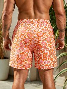 Azuldrift Men's Plus Size Floral Print Drawstring Waist Beach Shorts Holiday / Vacation / Beach / Hawaii / Tropical / Swim /  Bathing Couple's Dating - Orange - View 3