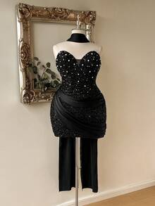 Lovelzi Elegantes romantisches Modekleid in Große Größen aus schwarzem Paillettenstoff und Satin-Patchwork, trägerlos, für Musikfestival, Geburtstagsparty, Hochzeitsevent, Nachmittagstee-Party, Cocktailparty - Schwarz - Übersicht 8