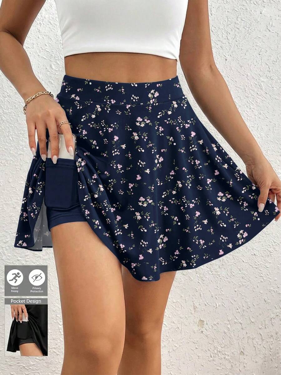 SHEIN Frenchy 休閒簡約深藍色花卉圖案女款短褲,適合夏季 - 彩色 - 查看 1