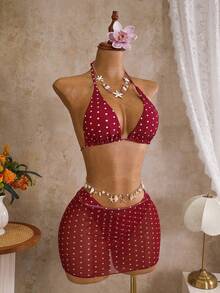 Bonvoyette Conjunto de bikini de 3 piezas con falda de cuello halter y estampado aleatorio para mujer, primavera/verano - Multicolor - Ver 2