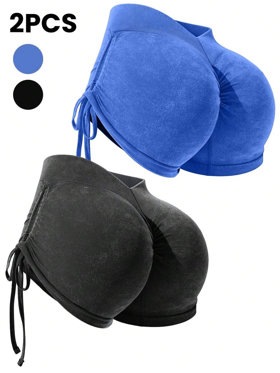 SHEIN Velisys Shorts deportivos sin costuras de alta elasticidad con efecto levantador de glúteos, acabado mate lavado a la arena y cordón lateral - Multicolor - Ver 1
