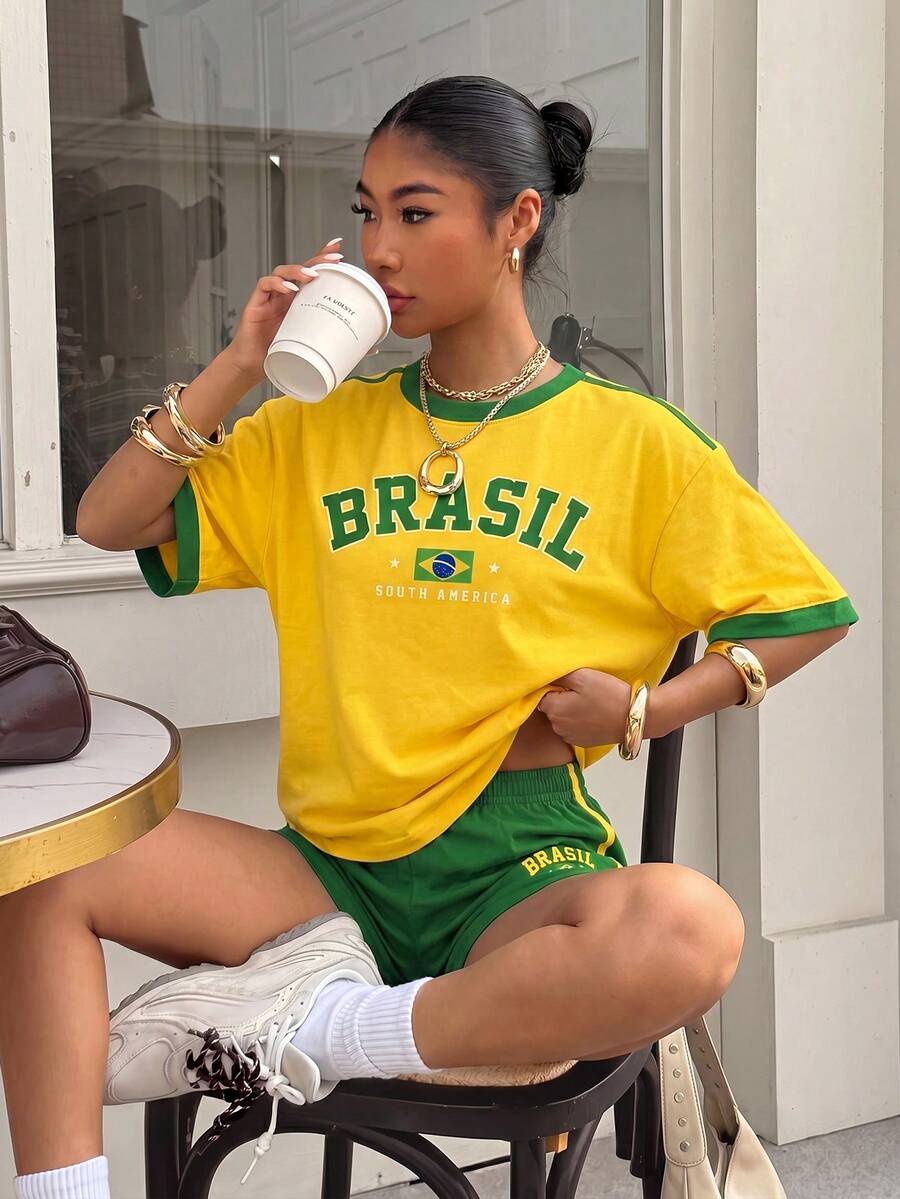 Muchica Women's Summer Letter Lemon Print Round Neck Short Sleeve T-Shirt And Striped Shorts Casual Two Pieces Set - Multicolor - View 1