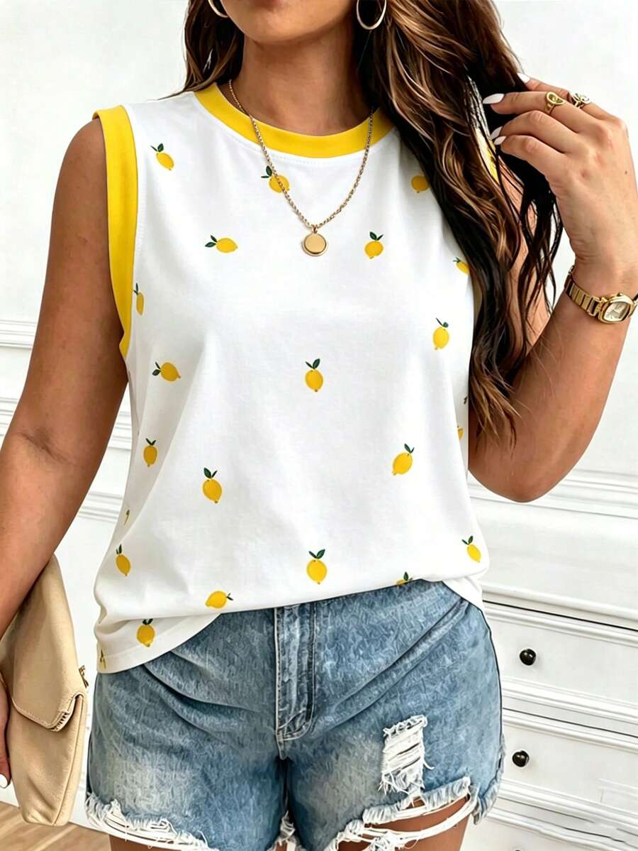 EMERY ROSE Women's Casual Plus Size Sleeveless Round Neck Lemon Pattern Wide Shoulder Vest - Multicolor - View 1