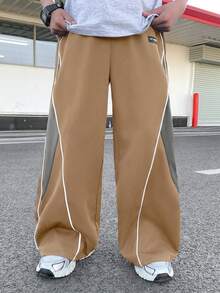 SHEIN 男童直筒侧边撞色拼接运动裤，适合秋冬季休闲、户外、学校等场合穿着 - 卡其色 - 查看 3
