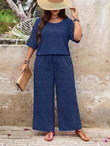 SHEIN LUNE Nautical Striped Shirt And Pants 2 Pieces Set, Plus Size Fall - Multicolor - View 5