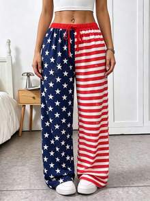 SHEIN EZwear Quần nữ in họa tiết cờ Mỹ kiểu dáng thường ngày nhân dịp ngày Quốc khánh 4 tháng 7. - Nhiều màu - Xem 4