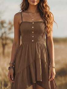 EMERY ROSE Nomadic Bohemian Casual Vacation High-Low Hem Rope Waist Mid-Length Dress For Women - Brown - View 7