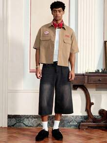SWAVVY Men's Letter Print Short Sleeve Single-Breasted Cargo Pocket Shirt,Holiday,Summer - Khaki - View 2