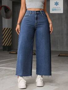 SHEIN ICON 大尺碼女款休閒百搭毛邊口袋鈕扣牛仔長褲 - 中等水洗藍 - 查看 6
