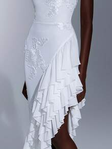 Elitara Vestido de Noche Formal Elegante Minimalista con Bordado de Cinta, Volantes Asimétricos y Hombros Descubiertos, Blanco, para Boda, Gala y Primavera - Blanco - Ver 11