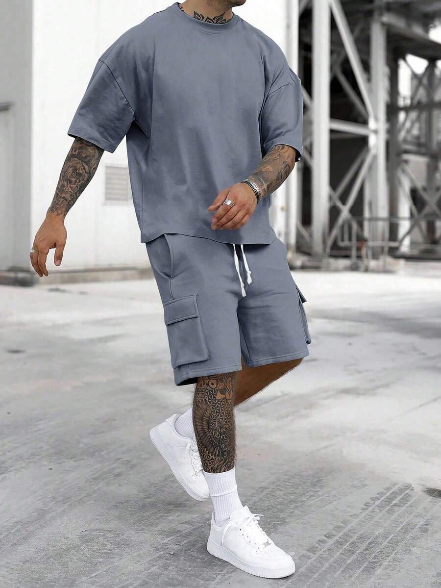 Manfinity Homme 2pcs Men's Solid Color Short Sleeve T-Shirt And Work Shorts Set - Graphite - View 1