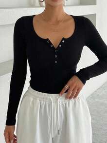DAZY Women's Solid Color Simple Casual Long Sleeve T-Shirt Y2k Going Out Tops Women - Black - View 16