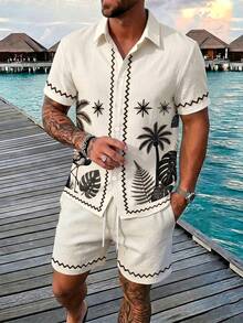 Alderstead Men's Single-Breasted Short Sleeve Plant Pattern Shirt With Pocket And Shorts Set - Multicolor - View 8