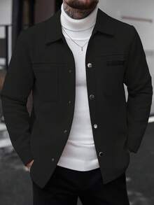 Manfinity Homme Men Solid Color Casual Long Sleeve Overcoat, Suitable For Autumn And Winter - Black - View 5