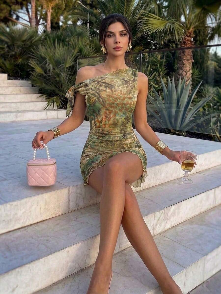 Firerie Women's Sage Green Floral Summer Mesh Mini Dress,Seductive Night Out Asymmetrical Shoulder Elegant Vacation Beach Hawaii Party Graduation Prom - Multicolor - View 1