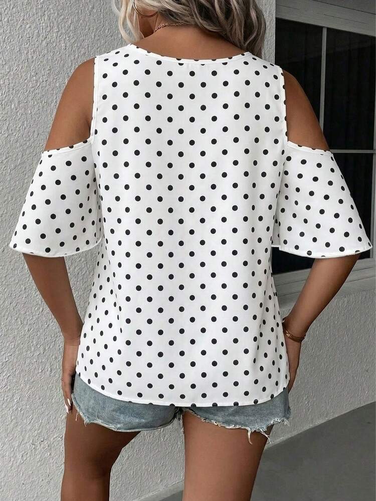 Reflora Plus Size Women's Lace Patchwork Sleeveless Off-Shoulder Polka Dot Pattern Elegant Blouse, Spring/Summer New Arrival - White - View 2