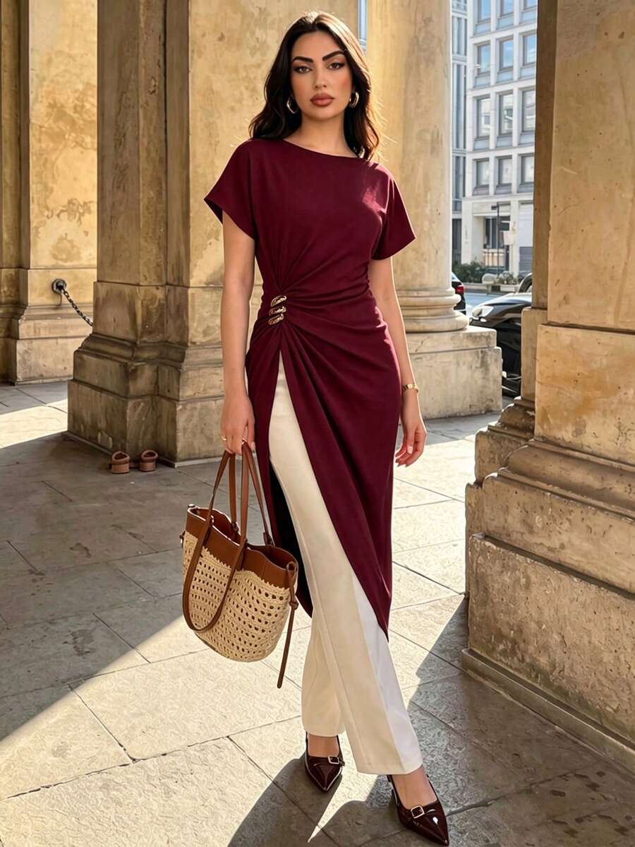 Elenzga 時尚優雅不對稱風格春夏季度假短袖女款T恤 - 酒紅色 - 查看 1