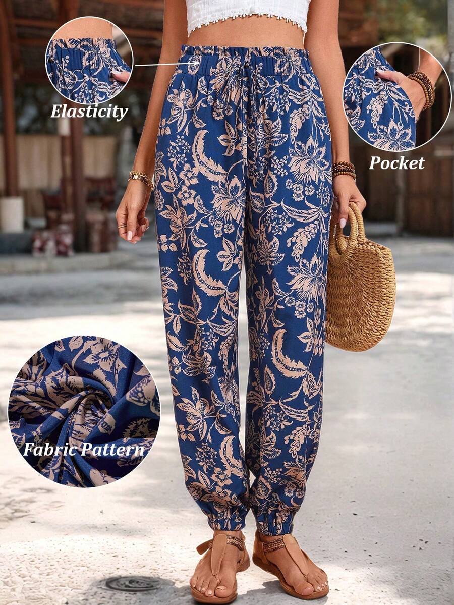 Breezaya Women's Tropical Plant Print Pocket Drawstring Waist Tapered Leg Pants, Spring/Summer - Navy Blue - View 1