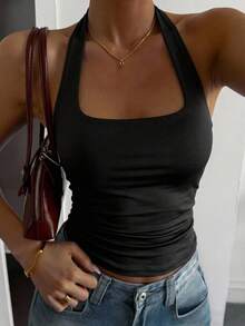 DAZY Women's Summer Solid Color Slim Fit Square Neck Halter Tank Top Going Out Tops Halter Top - Black - View 14