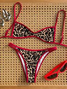 Swim Vcay Conjunto de bikini de triángulo de cintura baja con top bandeau con lazo y estampado de lunares, nuevo y sexy para mujer en verano - Rojo - Ver 3