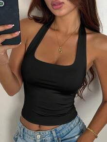 DAZY Women's Summer Solid Color Slim Fit Square Neck Halter Tank Top Going Out Tops Halter Top - Black - View 12