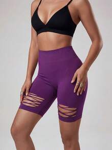 Radiana Shorts mi-longs moulants athlétiques déchirés pour femmes - Prune - Voir 6