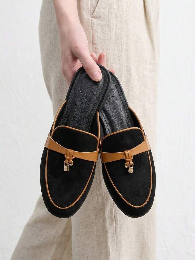 CUCCOO BIZCHIC Fashion Black Suede Building Color Splicing Comfortable Commuting Women's Flat Mule Shoes Women's Flat Shoes Slippers Suitable For Outdoor Shopping And Work Daily Comfortable Women's Shoes