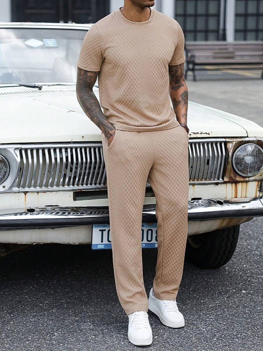 Manfinity Homme Men's Knit Textured Fabric Mature Casual Holiday Daily Gift For Husband Boyfriend Long Pants Short Sleeve T-Shirt Set - Khaki - View 1