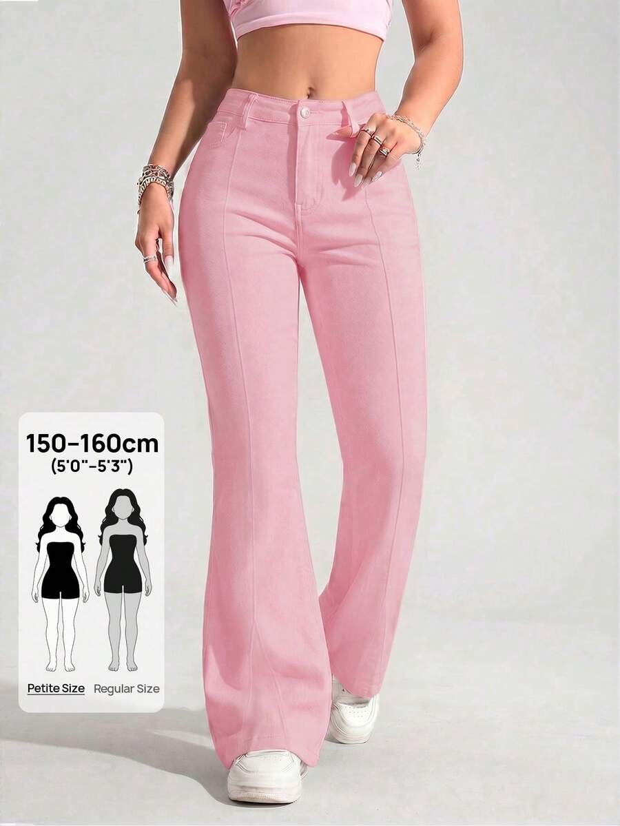 SHEIN PETITE Quần jean ống loe nữ cài nút, kiểu dáng thường ngày, đa năng. - Hồng - Xem 1