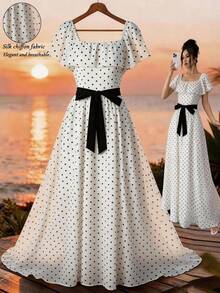 Qadelle Square Neck Ruffle Sleeve Midi Dress, Elegant French Style, Suitable For Summer, Versatile For Commuting, Vacation, And Formal Occasions - Black and White - View 6