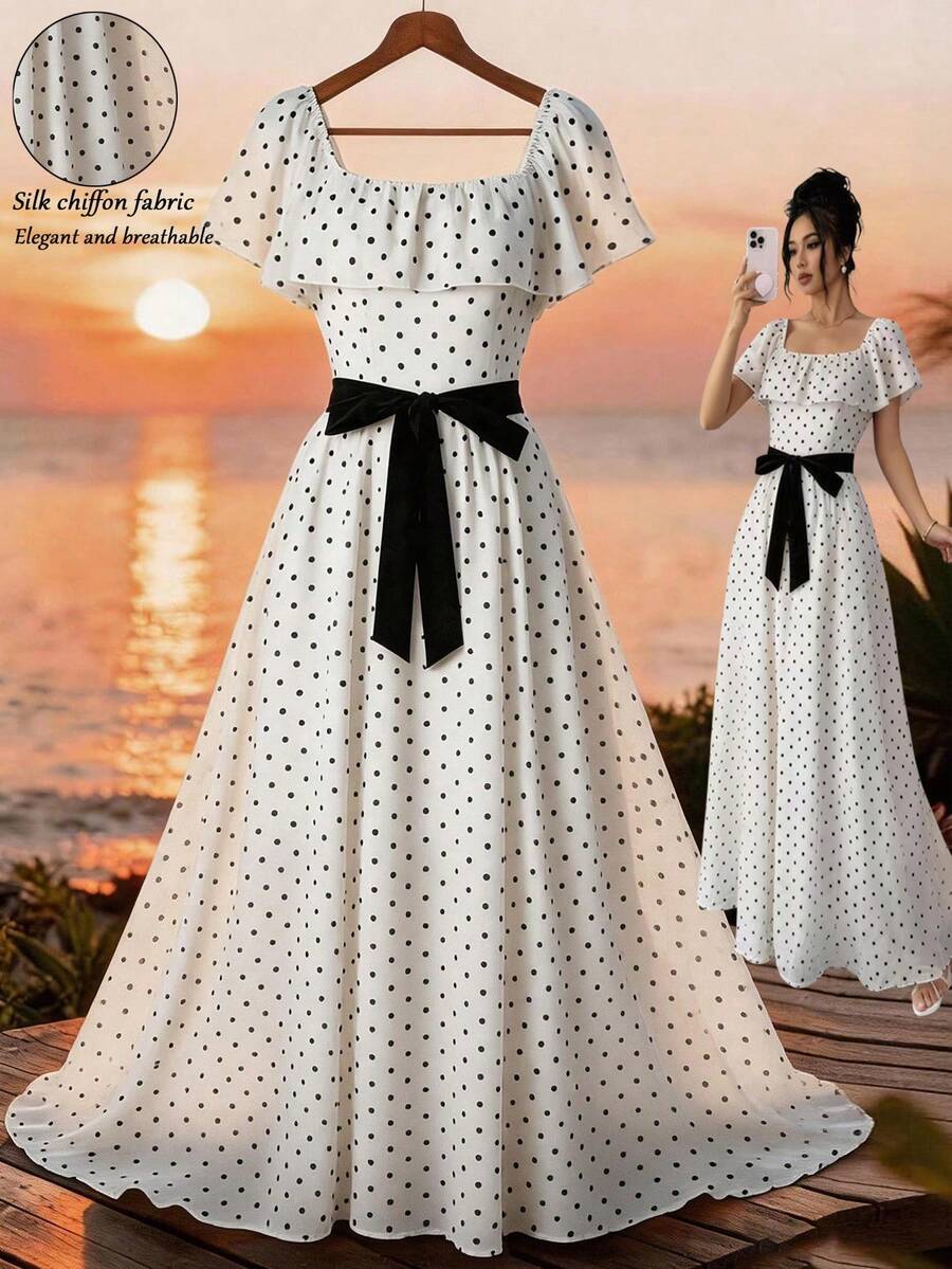 GlowEve Square Neck Ruffle Sleeve Midi Dress, Elegant French Style, Suitable For Summer, Versatile For Commuting, Vacation, And Formal Occasions - Black and White - View 1