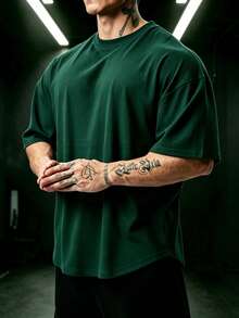 GymBeat 男士素色圓領落肩寬鬆休閒百搭短袖運動T恤，健身房適用 - 綠色 - 查看 3