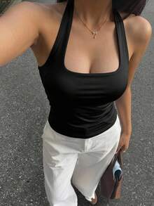 DAZY Women's Summer Solid Color Slim Fit Square Neck Halter Tank Top Going Out Tops Halter Top - Black - View 15