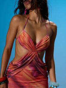 MUSERA Halterneck Ruched Bust Drape Over Waist Tie Back Detail Fitted Mesh Mini Dress Summer Sexy Going Out Beach Holiday Ibiza Club Tropical Fever - Hot Pink - View 6