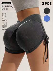 SHEIN Velisys Shorts deportivos sin costuras de alta elasticidad con efecto levantador de glúteos, acabado mate lavado a la arena y cordón lateral - Multicolor - Ver 2