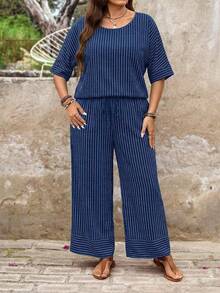 SHEIN LUNE Nautical Striped Shirt And Pants 2 Pieces Set, Plus Size Fall - Multicolor - View 6