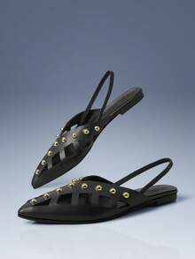 CUCCOO GRLICON Spice Girl Fried Street, Metal Rivets, Black Hollow Flat Shoes, Holiday Atmosphere, Summer Wear, A Must For Travel, Y2K - Black - View 6