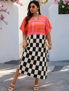 SHEIN LUNE Plus Size Women's Checkerboard Geometric Print V-Neck Loose Casual Dress - Multicolor - View 3