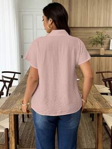 Weeklong 春夏季女款鈕扣不對稱門襟休閒寬鬆襯衫，日常穿搭，辦公服裝 - 藕粉色 - 查看 2