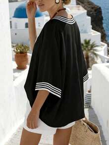 SHEIN LUNE 女士休闲宽松V领条纹印花中袖衬衫，通勤和度假皆宜，优雅时尚 - 彩色 - 查看 2