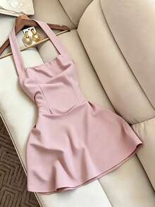 GlowEve Women's Sweet French Style Solid Color Square Neck Halter Dress - Pink - View 1
