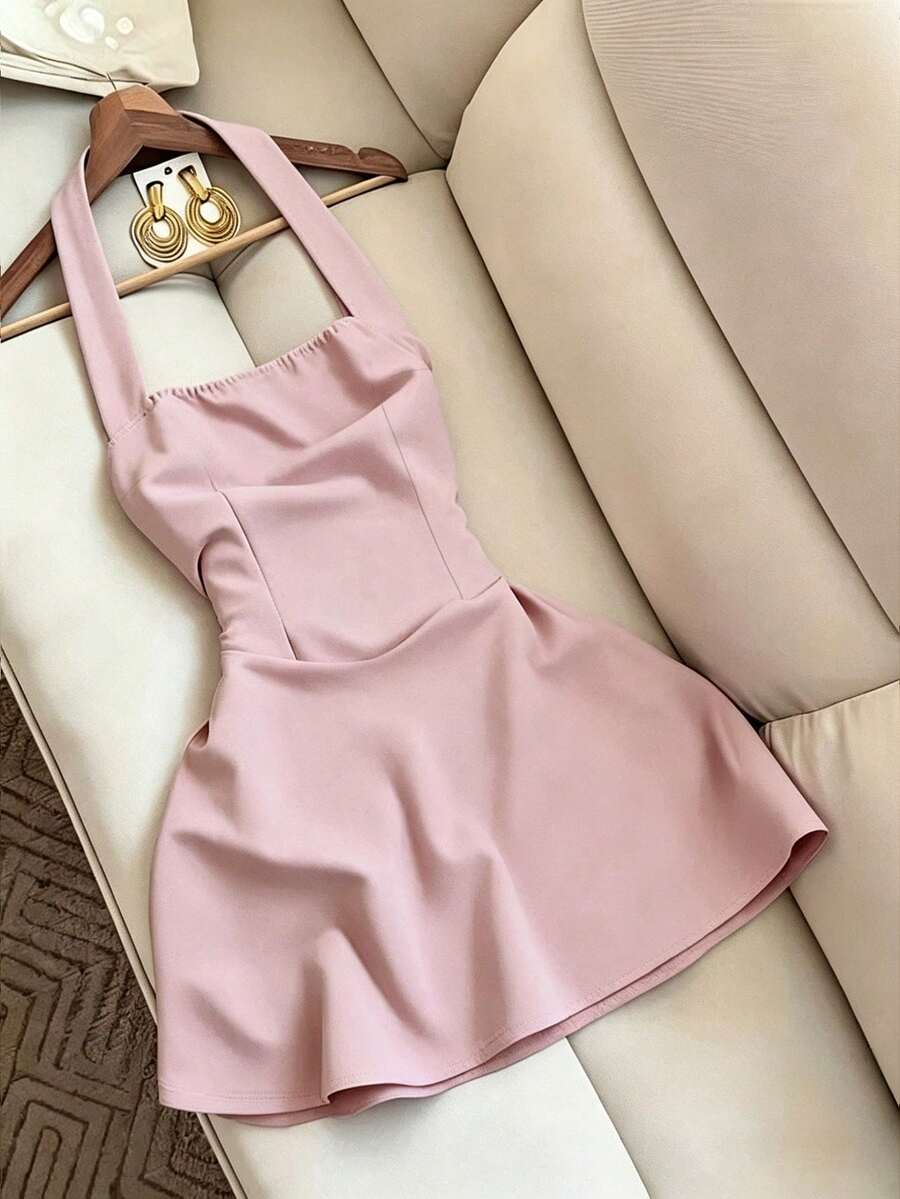 GlowEve Women's Sweet French Style Solid Color Square Neck Halter Dress - Pink - View 1