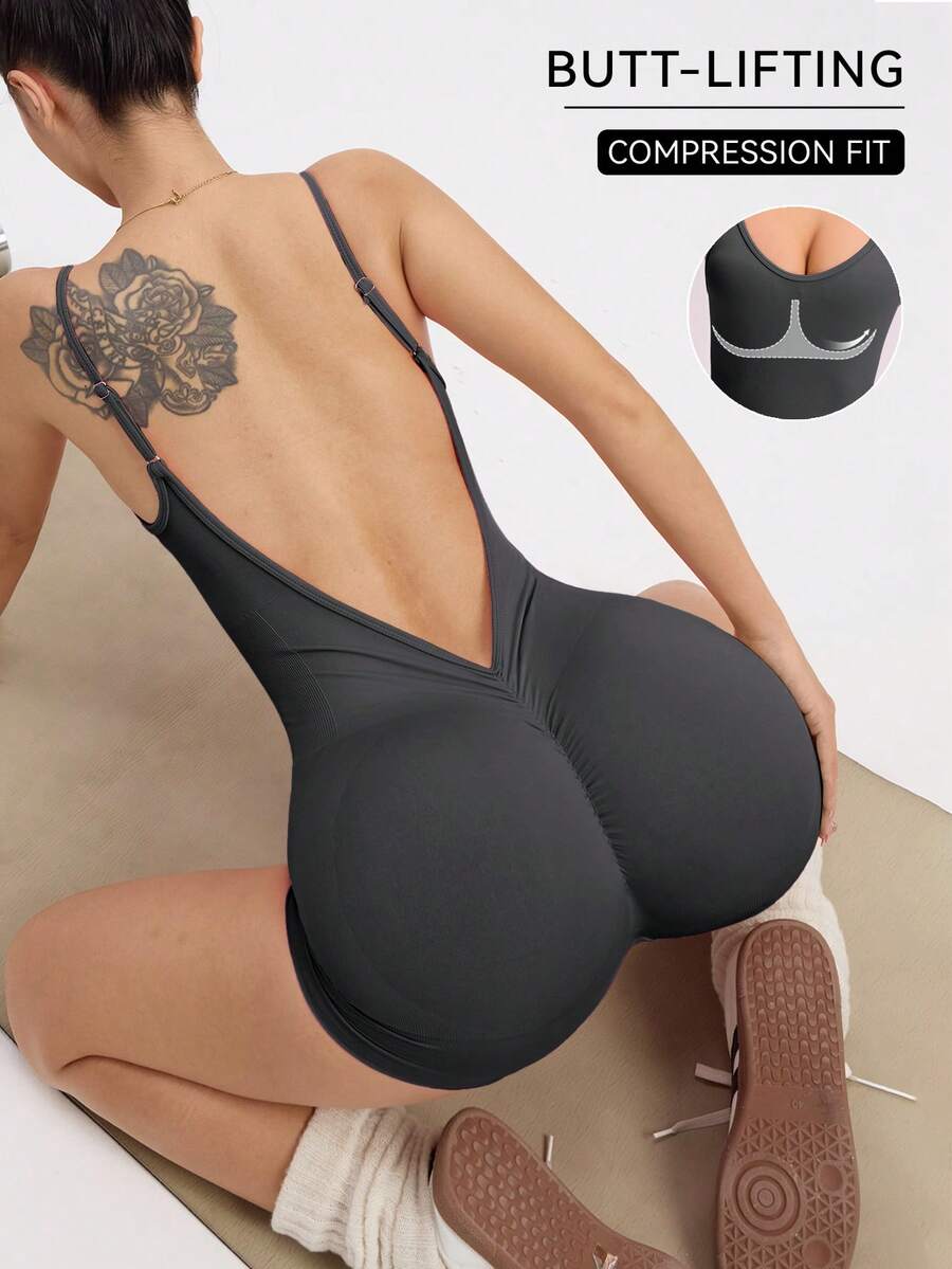 Easithlete Easithlete 无袖纯色露背性感紧身运动短裤连体裤 - 深灰色 - 查看 1