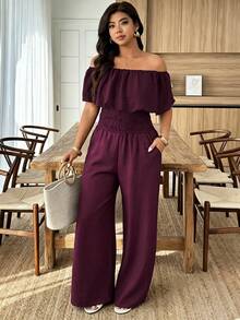 Weeklong Plus Size Women's Spring Summer Strapless Straight Neck Ruffle Waist Cinched Casual Vacation Jumpsuit - Burgundy - View 4
