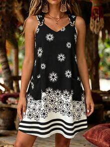 EMERY ROSE Plus Size Women's Woven Printed Summer Casual Resort Dress - Black - View 4