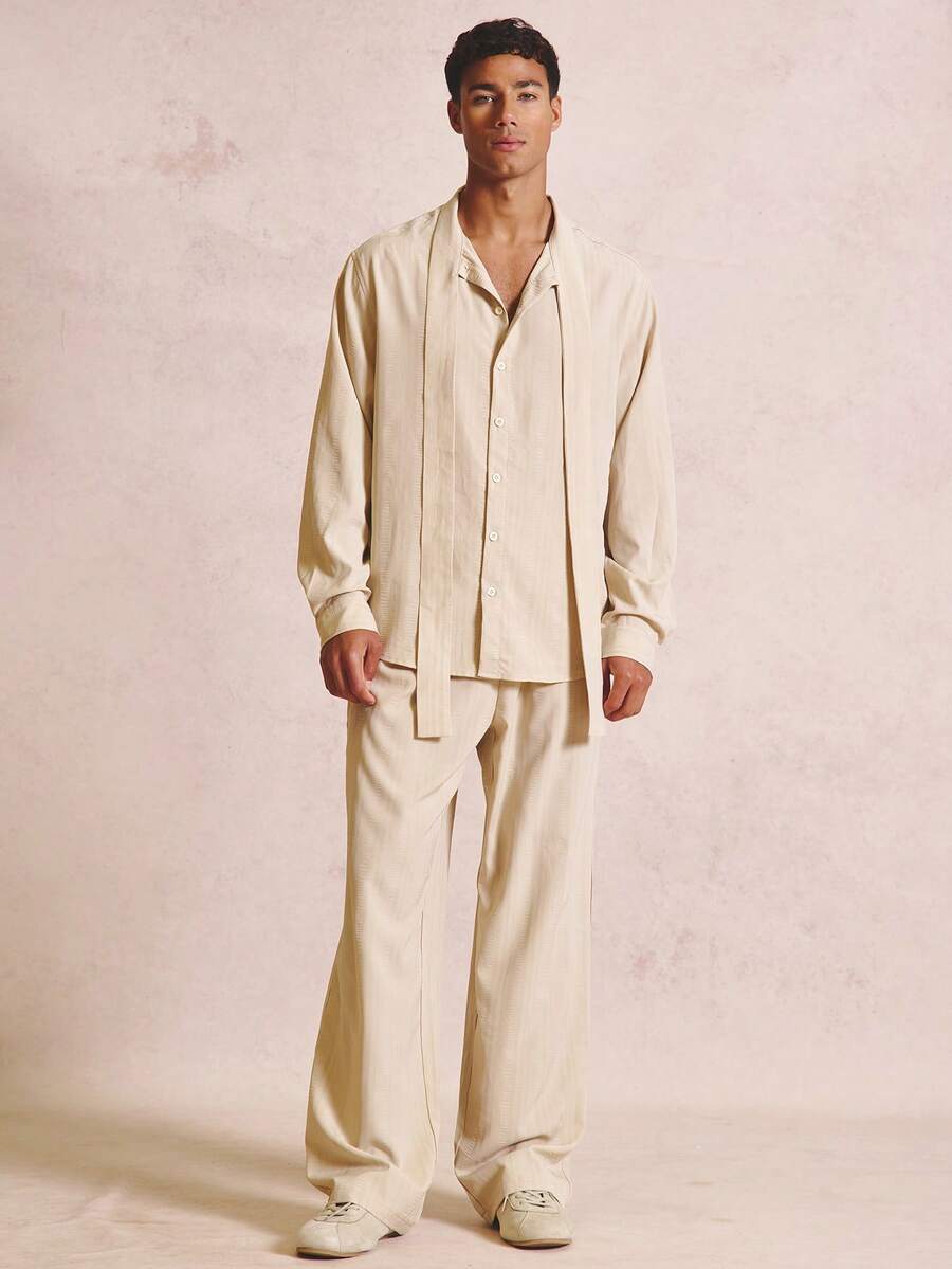 Musero Button Up Long Sleeve Relaxed Fit Shirt Draped Extended Collar Neck Detail Spring Summer Essentials Co-Ord Shirt Only - Khaki - View 1