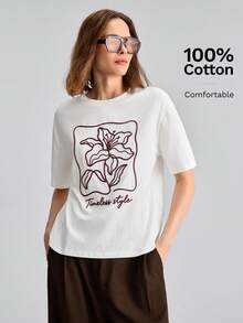 Ontre 女款舒適布料酒紅色鏈條刺繡飾邊修身圓領短袖T恤，四季百搭，時尚都市風，商務休閒，高品質通勤穿搭，波西米亞海灘度假風，鄉村音樂節，西部生活風格 - 白色 - 查看 3