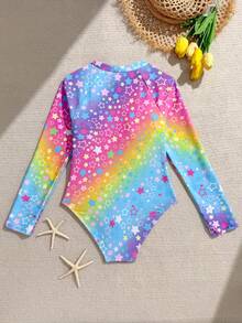 SHEIN 青少年女孩漸層圖案長袖拉鍊式連身泳衣 - 彩色 - 查看 2