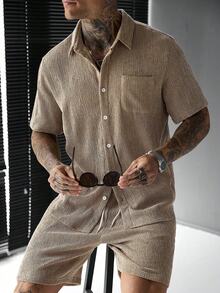 SLATEMANN Men's Solid Color Textured Knit Jacquard Casual Vacation Short Sleeve Shirt And Drawstring Shorts Set - Khaki - View 6