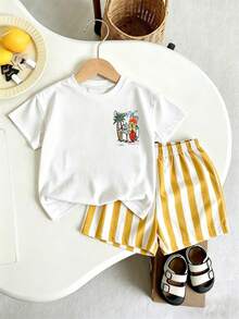 SHEIN Playful Pals 小男孩休閒時尚舒適百搭2件套運動套裝，度假風趣味簡約英文標語條紋滿版印花設計，海灘滑板椰子樹圖案設計，春夏必穿之選，時尚休閒穿搭，開學派對適用，適合戶外野餐、街拍、校園、假期、禮物用途 - 彩色 - 查看 6